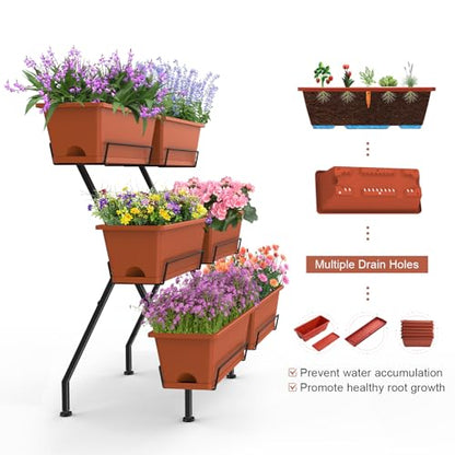 Vertical Garden Planter 3 Tier Vertical Raised Garden Bed Standing Garden Planters with 6 Container Boxes Elevated Garden Planters Indoor Outdoor Herb Planter for Flowers Vegetables Plants, Brick Red - color: Brick Red