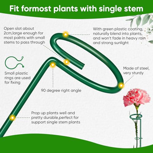 HiGift 17 inch Plant Support Stakes, 4mm Thick Garden Single Stem Flower Support Stake Amaryllis Plant Cage Support Rings with 10 pcs Plant Clips for Tomato Orchid Lily Peony Rose Flower Stem-5 Pack - size: 17 Inch-5 Pack
