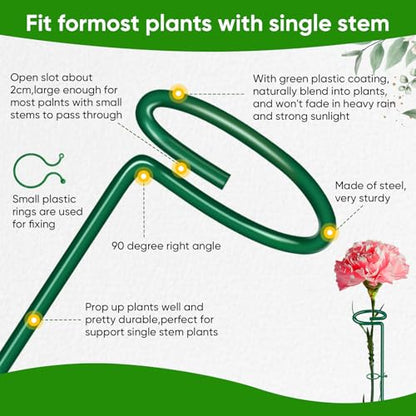 HiGift 17 inch Plant Support Stakes, 4mm Thick Garden Single Stem Flower Support Stake Amaryllis Plant Cage Support Rings with 10 pcs Plant Clips for Tomato Orchid Lily Peony Rose Flower Stem-5 Pack - size: 17 Inch-5 Pack