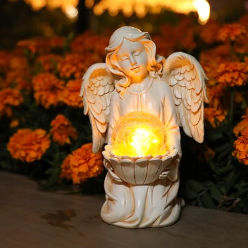 Angel Garden Statues, Outdoor Angel Holding Lotus with Crackled Glass Globe - style: Lotus