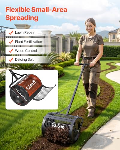 VEVOR Compost Spreader, 16.5" Wide Peat Moss Spreader with T Shaped Handle, 3 Heights Adjustable, Powder-Coated Steel Garden Peat Moss Roller, Heavy Duty Grass Seed Roller for Planting Seeding, Black - size: 16.5in