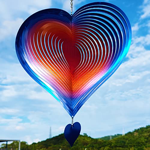 DJUAN 12in Heart Wind Spinner Outdoor Garden Decor Gifts for Mom Wife Women - color: Blue-orange Heart