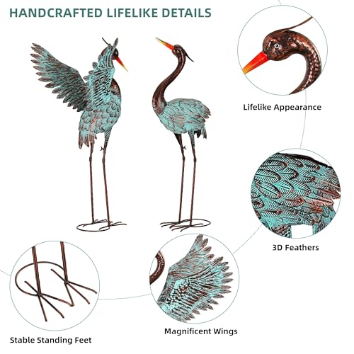 36.8" Metal Blue Heron Garden Statue, Handcrafted Crane Sculpture - color: 36" Distressed Patina Green