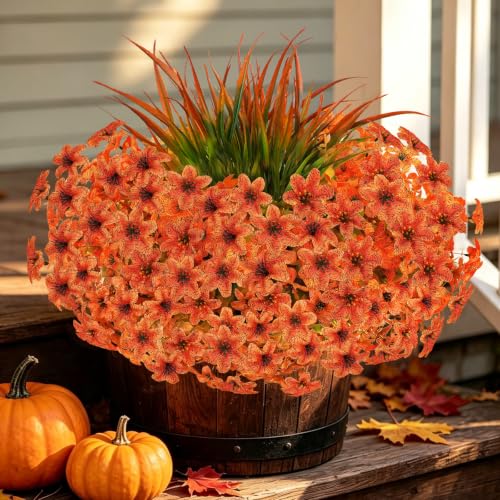 15 Pcs Fake Mums Artificial Fall Flowers for Outdoor Decorations, Orange