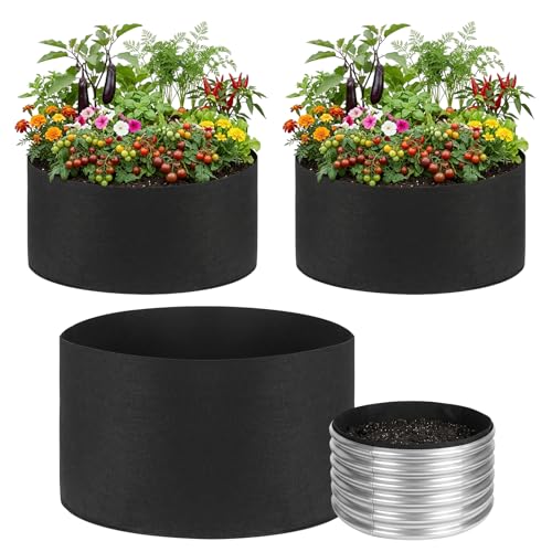 3 Pack Round Fabric Galvanized Raised Garden Bed Liner 2x2x1 FT Heavy Duty Fabric Garden Bed Breathable Drainage Grow Bags Outdoor Garden Planting Bags for Herbs Flowers Vegetables Succulents