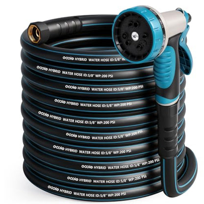 Garden Hose 100 ft x 5/8" with Nozzle, Water Hose Heavy Duty Flexible, Lightweight Kink-less Hybrid Hose with Swivel Handle, Male to Female Fittings (Blue, 100FT) - color: Blue, size: 100ft