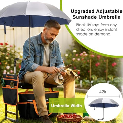 Garden Kneeler and Seat with Umbrella,Heavy Duty Gardening Bench and Stool - color: Black & Orange
