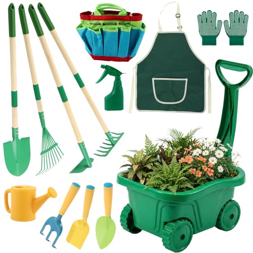Kids Gardening Tools Set with Wheelbarrow - 13Pcs Heavy-Duty Outdoor Toys for Kids Ages 3-8 Boys & Girls, STEM Educational Garden Kit for Toddlers with Shovel, Rake, Hoe, Gloves & Tote Bag