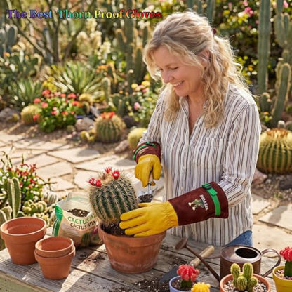 Cow Leather Adjustable Thorn Proof Gardening Gloves - color: Brown-cactus, size: Medium