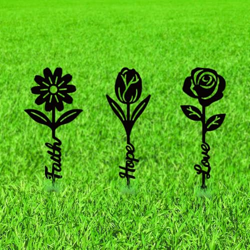 WADORN 3Pcs Roses Tulips Daisies Metal Decorative Garden Stakes, Black Flower Theme Outdoor Statues Silhouette Floral Lover Gifts Stakes Ornaments for All Season Yard Art Garden Patio Lawn Decor