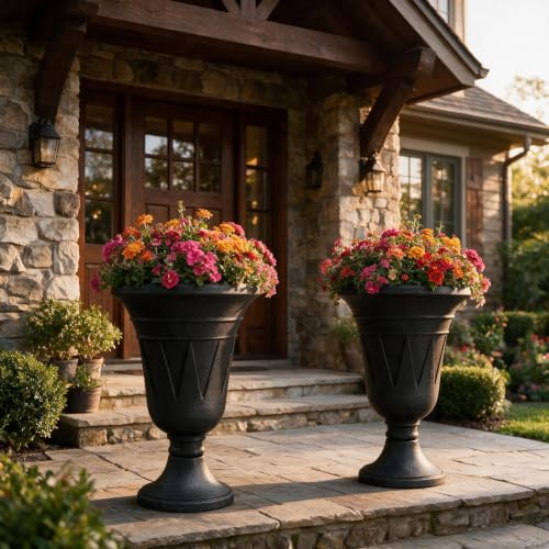24" Tall Urn Planters for Outdoor Plants, Urns and Pedestal, Black - color: Black-concrete Look/Sandblasting