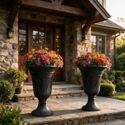 24" Tall Urn Planters for Outdoor Plants, Urns and Pedestal, Black - color: Black-concrete Look/Sandblasting