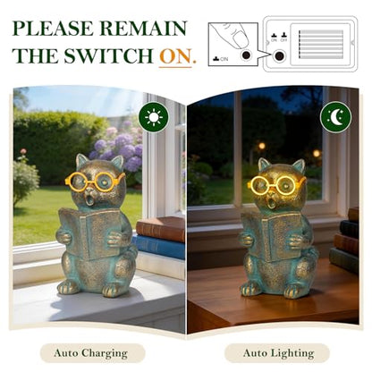 Solar Reading Cat Decor with Light-Up Glasses Patina Garden Statues - size: Cat