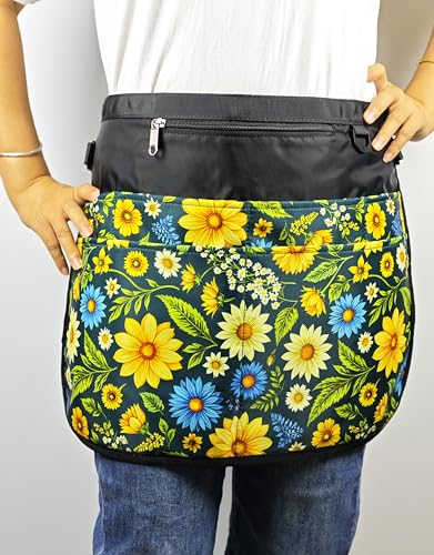 Bafelia Waterproof Server Apron for Women with 7 Pockets - color: Green Flowers
