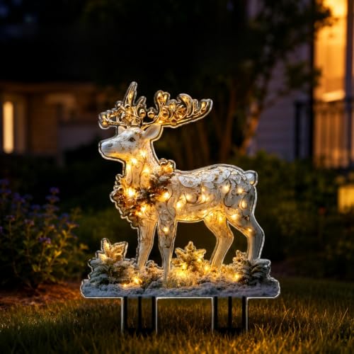 2D Flat Reindeer Garden Stake with Glowing Light, Outdoor Yard/Lawn Decor Waterproof Acrylic Figurine Lawn Ornament, Animal Outdoor Decor for Flower Bed Patio Cemetery Holiday Yard Landscape Accent - color: Deer