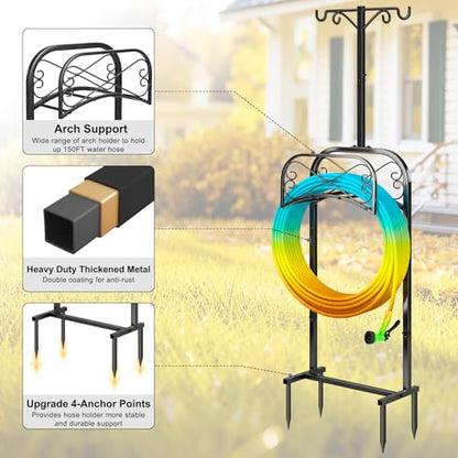 Gtongoko Garden Hose Holder for Outside 70" with 4 Prongs Base & 2 Shepherds Hooks Heavy Duty Freestanding Metal Water Hose Holder Stand Holds Up to 150FT Hose & 44LB Detachable Hose Storage for Yard - size: 70 Inch