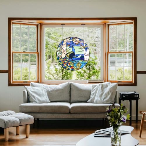 Bieye W10094 Blue Peacock Tiffany Style Stained Glass Round Window Panel - size: 24" Round