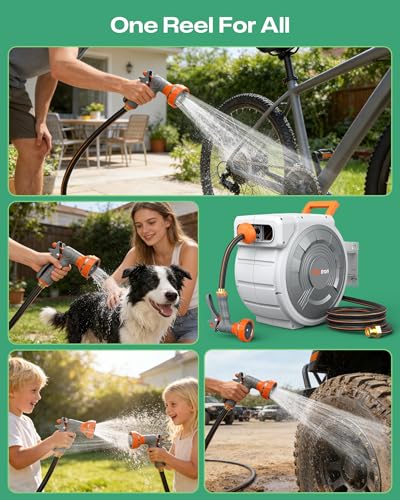 Retractable Garden Hose Reel 1/2"x150ft, 3-Ply Reinforced Heavy Duty Garden Hose Reel, Kink-Free Rewind and Lock at Any Length, Rust Prevention Metal Mount, 180° Swivel Bracket for Lawn & Gardening - color: 150 Ft X 1/2 Inch