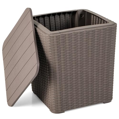 GIANTEX 11.5 Gallon Deck Box, Outdoor Side Table with Removable Lid, Faux Wicker-Woven, 330Lbs Capacity, Outside Waterproof Storage Box, Resin Rattan Small Coffee Table for Patio Poolside (Brown) - color: Brown