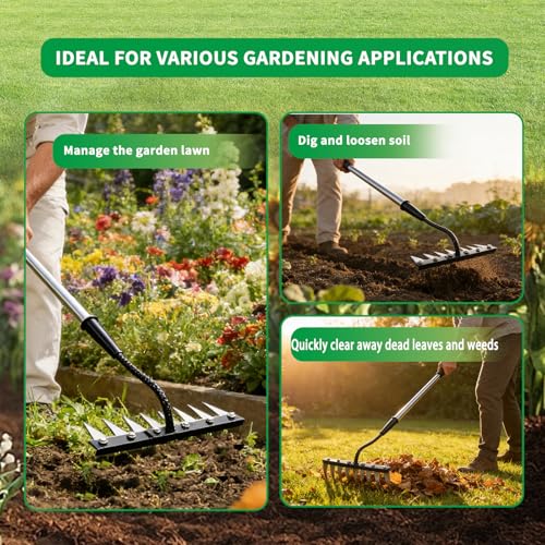 Upgraded Stainless Steel 8 Tines Garden Rake with 4-Section Adjustable Handle, Heavy Duty Manual Weeder Remover Tool for Gardening, YardWork, Weed Removal & Soil Aeration