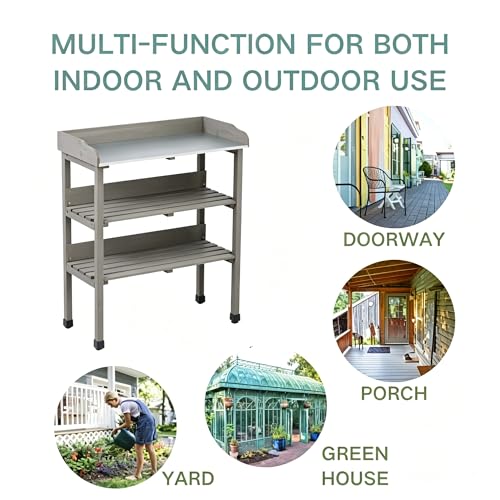 30″x14.5″×35.5″ Potting Table w/Metal Tabletop, 3 Layers Outdoor Work Bench w/Hook for Garden, Solid Wood Workstation for Garage (Grey)