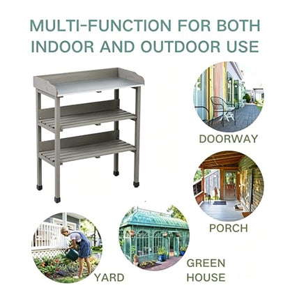 30″x14.5″×35.5″ Potting Table w/Metal Tabletop, 3 Layers Outdoor Work Bench w/Hook for Garden, Solid Wood Workstation for Garage (Grey)