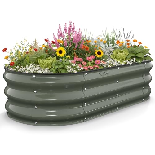 Kesfitt Raised Garden Bed, 4x2x1 FT Galvanized Steel Metal Raised Garden Bed, Oval Open-Bottom Design, 12-Inch Deep for Outdoor Vegetable & Herb Gardening, Volcanic Gray - color: Volcanic Gray, size: 4x2x1FT