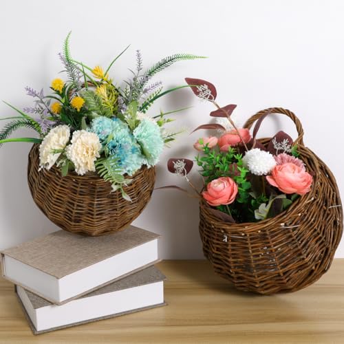 DOITOOL 2PCS Woven Hanging Wall Basket Rattan Wall Planter, Wicker Handmade Baskets Rustic Flower Pots Plant Containers for Garden Home Storage Flowers Hanging Planters