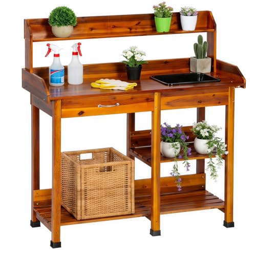 FDW Outdoor Potting Bench Table with Sink & Drawer for Outside Garden, Wood Planting Table with 132 lb Weight Capacity, Basin, Storage Drawer, Shelves and Hooks, Natural