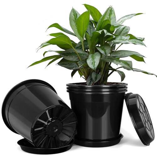 FUIJOL 7 Gallon Plastic Pots with Drip Trays, Sturdy Gallon Plant Pots with Drainage Holes, Large Gallon Pots for Flowers, Ideal for Indoor and Outdoor Use (7Gallon-4PACK) - size: 7Gallon-4PACK