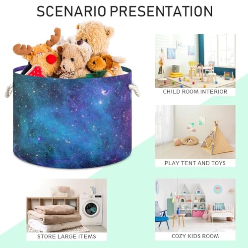 Blue Galaxy Print Round Storage Basket Collapsible with Handle - color: Blue