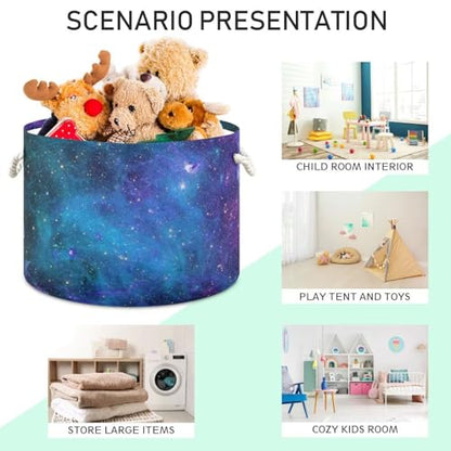 Blue Galaxy Print Round Storage Basket Collapsible with Handle - color: Blue
