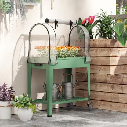 Outsunny Raised Garden Bed with Greenhouse Cover, Lockable Wheels, Green