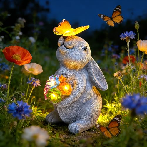 Brightown-Solar-Rabbit-Garden-Decor-Statue with 6 LED Lights, Hand-Painted Resin, IP65 Waterproof Outdoor Decor for Patio, Lawn & Yard Decorations, Unique Mothers Day Gifts for Mom Women - color: Gray Rabbit