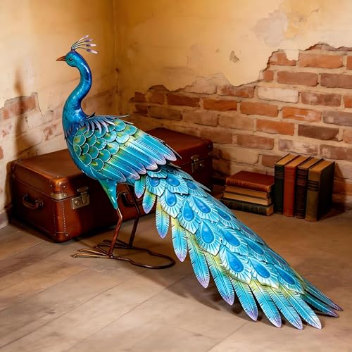 31" L Metal Peacock Garden Statue,Handcrafted Outdoor Yard Art - color: 31"l Iridescent Blue Peacock