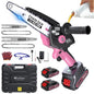 Mini Chainsaw with 1000W Brushless Motor, 8 inch & 6 inch 2 Batteries - color: Pink