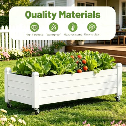 Raised Garden Bed with Wheels 74" Outdoor Planter Box Drainage,White - color: White, size: 13.3"h