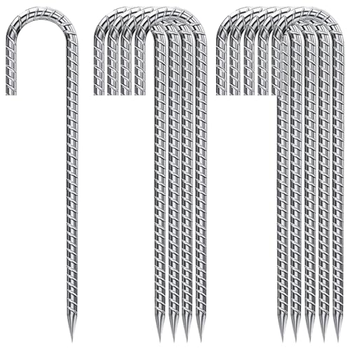 J Hook Rebar Stakes 12 Inch, Ground Stakes for Camping Tent Heavy Duty 10 Pack Rust Proof Coated Metal for Flower Gardens Landscape Fabric Pins Dog Fence - color: J-HOOK-Silver-8mm, size: 10pcs