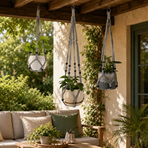 Macrame Plant Hangers with Beads for Indoor and Outdoor, 3 Pack - color: Gray