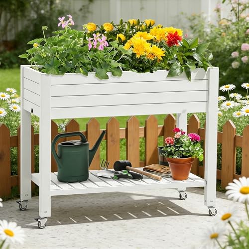 YITAHOME Raised Garden Bed Outdoor 43.3x17.7x34 in Raised Planter Box with Legs, Drain Plug and Storage Shelf, Elevated Planter Box for Plants Vegetables Flowers Herbs, White - color: White, size: 3.6x1.5x2.8ft
