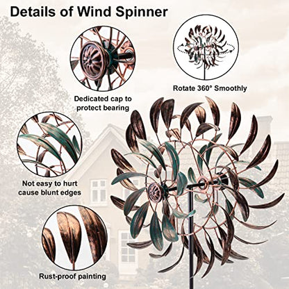 VEWOGARDEN Large Outdoor Metal Wind Spinners, 360 Degrees Swivel Wind Sculpture Yard Art Decor for Patio, Lawn & Garden 66 * 15.8 Inches - size: 16 Inch(Antique Bronze & Turquoise)
