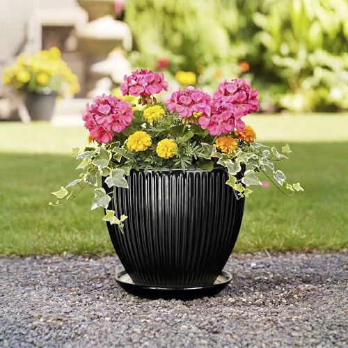 10 Inch Planter, Ceramic Plant Pots with Saucer, Black - color: Black, size: 10 Inch