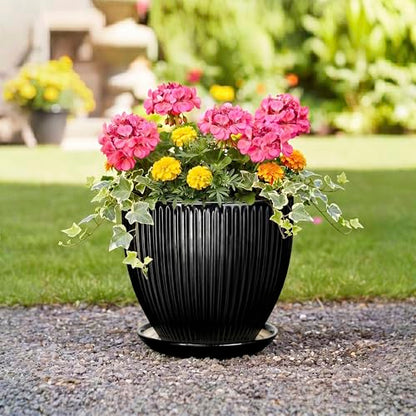 10 Inch Planter, Ceramic Plant Pots with Saucer, Black - color: Black, size: 10 Inch