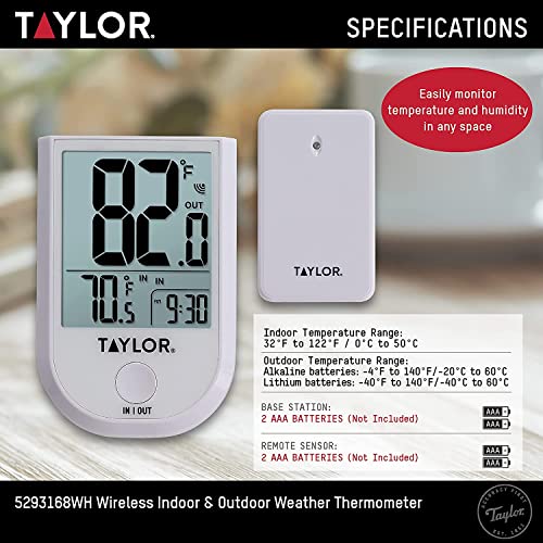 Taylor in/Out Wireless Thermometer with Remote Sensor and Clock