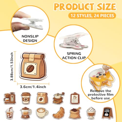 MAYJOYDIY 24Pcs 12 Styles Coffee Acrylic Chip Clips Coffee Bean Cup Bag Sealer Sealing Closures Funny Bag Clips for Food Storage Airtight Seal Grip - color: Coffee