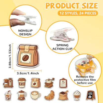 MAYJOYDIY 24Pcs 12 Styles Coffee Acrylic Chip Clips Coffee Bean Cup Bag Sealer Sealing Closures Funny Bag Clips for Food Storage Airtight Seal Grip - color: Coffee