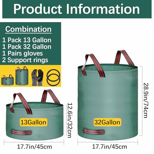2 Pack leaf bags and gloves reusable yard bag garden bags for Cleaning leaves, outdoor litter, and camping gear, or for moving (32 gallons + 13 gallons + 1 pair of gloves)