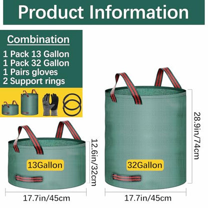 2 Pack leaf bags and gloves reusable yard bag garden bags for Cleaning leaves, outdoor litter, and camping gear, or for moving (32 gallons + 13 gallons + 1 pair of gloves)