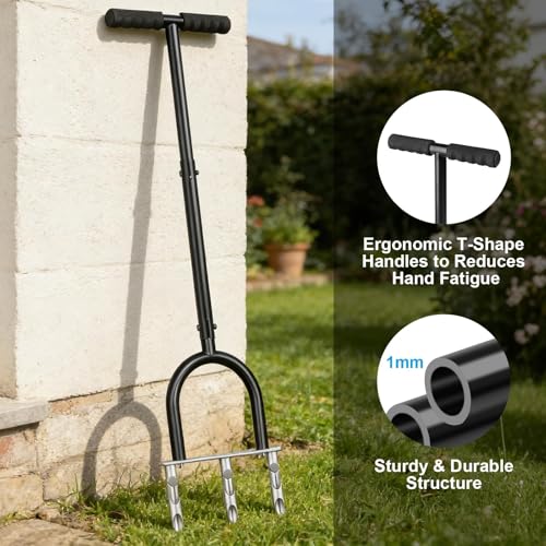 Manual Lawn Aerator Tool, Hollow Tines Plug Lawn Core Aerator, Heavy Duty Hand Soil Aeration Tool with Adjustable Handle, Grass Aeration Garden Tools for Lawn Care, Compacted Soil, Yard