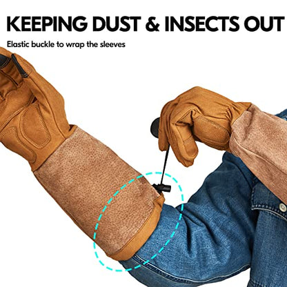 Vgo... Men's Extra-Long Leather Gardening Gloves, Gauntlet with Adjustable Cuff, Puncture & Thorn Proof, Touchscreen (SL6592) - color: 1 Pair - Dark Brown, size: Men's Medium